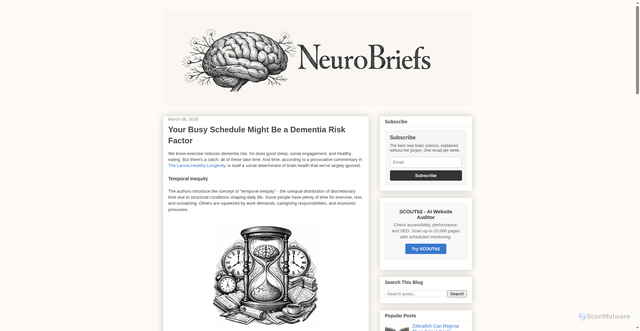 Security scan screenshot of https://neurobriefs.pages.dev/2026/03/your-busy-schedule-might-be-a-dementia-risk-factor.html