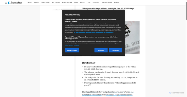 Security scan screenshot of https://www.pjstar.com/story/news/lottery/2025/10/10/mega-millions-numbers-tonight-october-10-2025-mega-million-winning-number-lottery-drawing-10-10-25/86623889007/