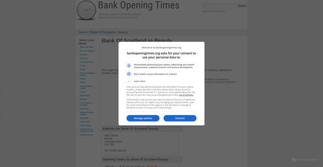 Security scan screenshot of https://bankopeningtimes.org/bank-of-scotland-branch-in-beauly
