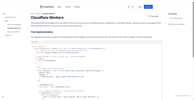 Security scan screenshot of https://proxytracer.com/docs/edge/cloudflare-workers