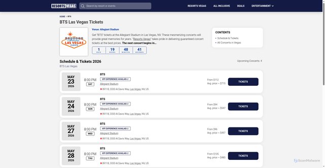Security scan screenshot of https://resorts.vegas/tickets/bts/