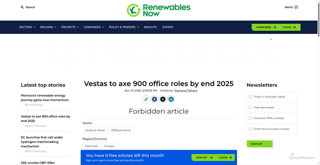 Security scan screenshot of https://renewablesnow.com/news/vestas-to-axe-900-office-roles-by-end-2025-1284940/
