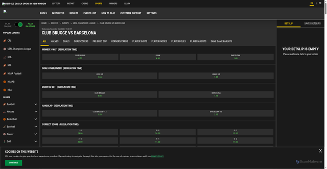 Security scan screenshot of https://proline.olg.ca/en-ca/event/e906556-Club-Brugge-Barcelona