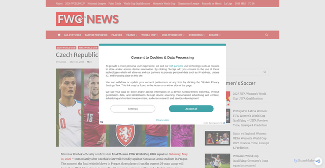 Security scan screenshot of https://www.fifaworldcupnews.com/czech-republic-world-cup-2026-squad/
