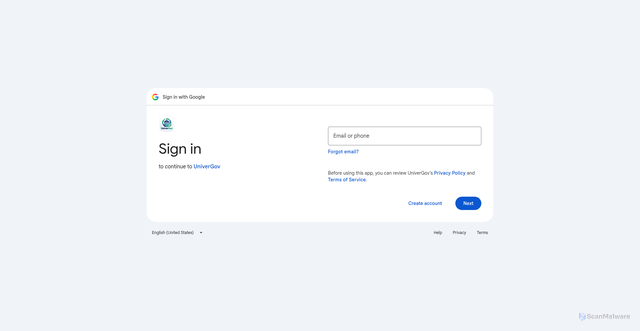Security scan screenshot of https://univergov.com/auth/google/redirect