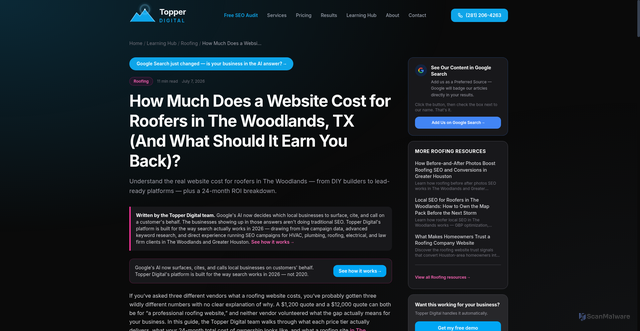 Security scan screenshot of https://topper-digital.pages.dev/learning-hub/roofing/how-much-does-website-cost-roofers-woodlands-tx/