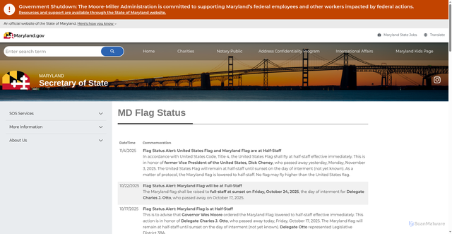 Security scan screenshot of https://sos.maryland.gov/pages/services/pastflagstatus.aspx