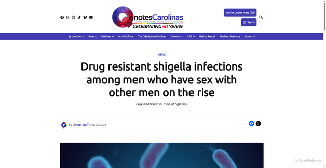Security scan screenshot of https://qnotescarolinas.com/drug-resistant-shigella-infections-on-the-rise/