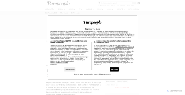 Security scan screenshot of https://www.purepeople.com/article/miss-france-2026-deux-candidates-regionales-se-sont-fait-remonter-les-bretelles-le-premier-jour-des-repetitions_a545322/1