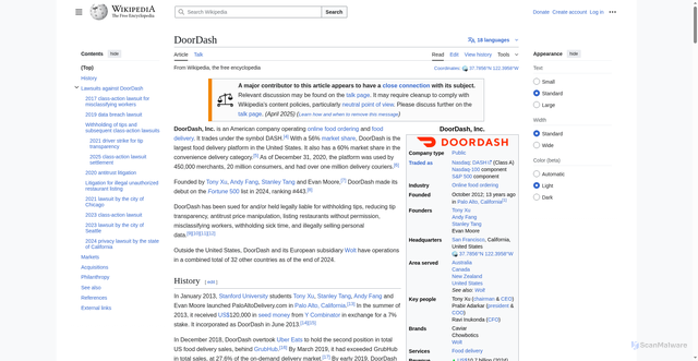 Security scan screenshot of https://en.wikipedia.org/wiki/DoorDash