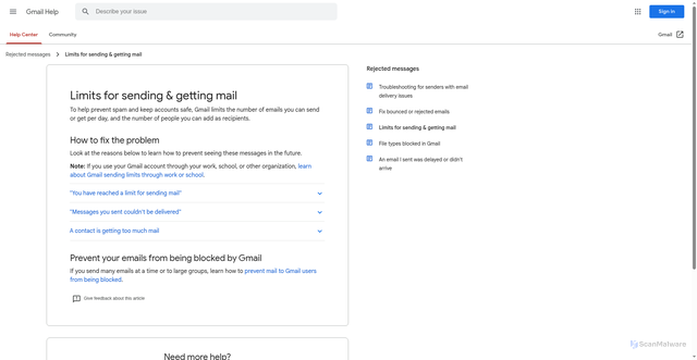 Security scan screenshot of https://support.google.com/mail/answer/22839?visit_id=639005083402733497-3448288454&p=ReceivingRate&rd=2