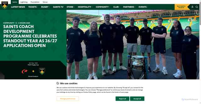 Security scan screenshot of https://www.northamptonsaints.co.uk