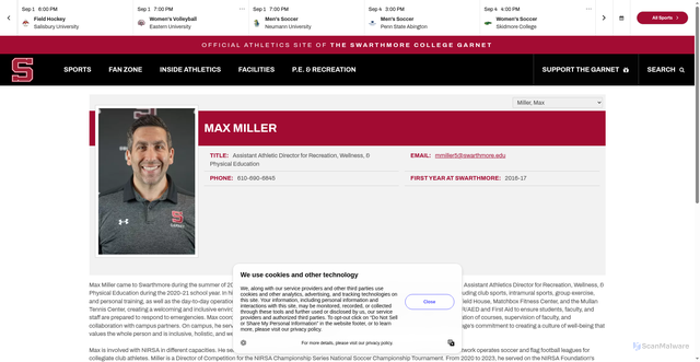 Security scan screenshot of https://swarthmoreathletics.com/staff-directory/max-miller/111