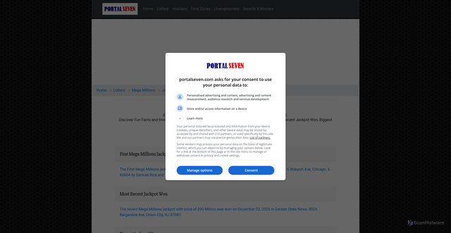 Security scan screenshot of https://portalseven.com/lottery/megamillions_jackpot_winners.jsp