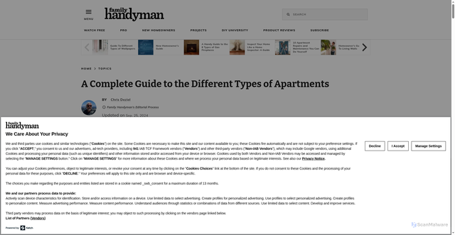 Security scan screenshot of https://www.familyhandyman.com/list/types-of-apartments/?srsltid=AfmBOooD7aQtzM0luigdb0XwwR1nphhihAOXUZQqAT6lq9IaEG9bY9Eh