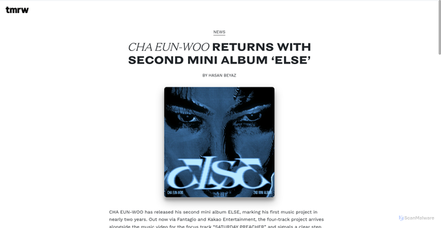 Security scan screenshot of https://tmrwmagazine.com/en/news/cha-eun-woo-second-mini-album-else