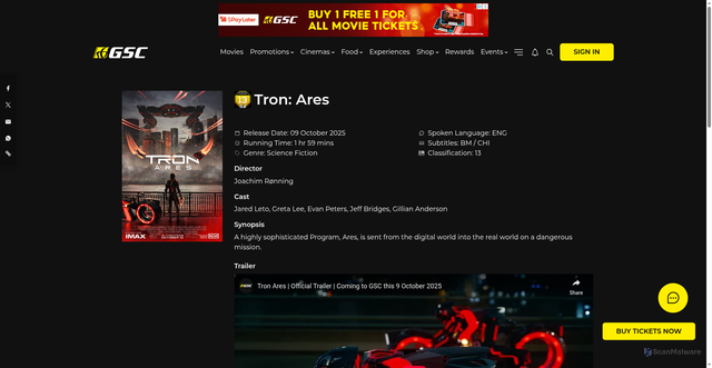 Security scan screenshot of https://www.gsc.com.my/movie/tron-ares