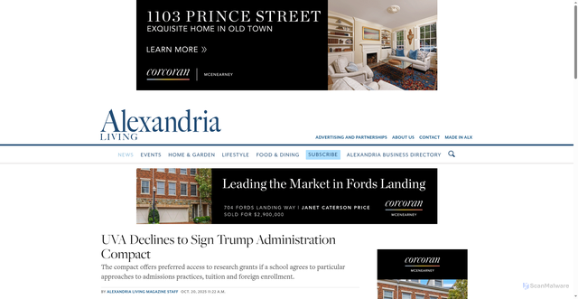 Security scan screenshot of https://alexandrialivingmagazine.com/news/uva-declines-to-sign-Trump-Administration-Compact/