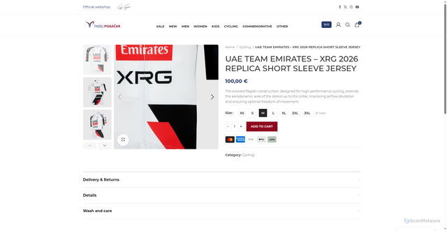 Security scan screenshot of https://tadejpogacar.com/product/uae-team-emirates-xrg-2026-replica-short-sleeve-jersey/