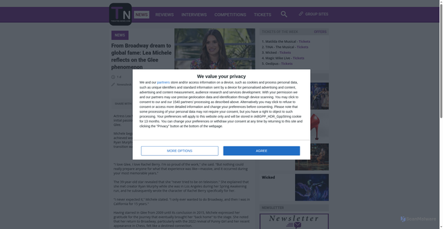 Security scan screenshot of https://www.theatre-news.com/news/UK/122317/From-Broadway-dream-to-global-fame-Lea-Michele-reflects-on-the-Glee-phenomenon