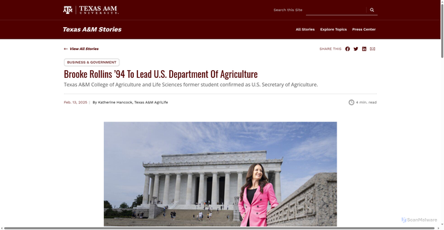 Security scan screenshot of https://stories.tamu.edu/news/2025/02/13/former-student-sworn-in-as-us-secretary-of-agriculture/