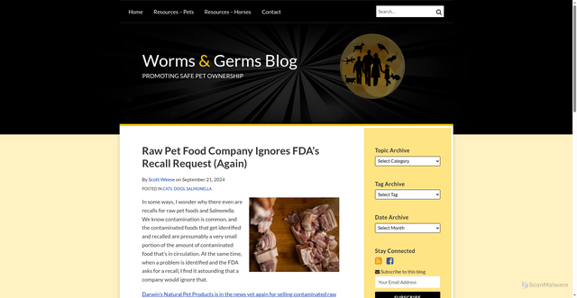 Security scan screenshot of https://www.wormsandgermsblog.com/2024/09/articles/diseases/salmonella/raw-pet-food-company-ignores-fdas-recall-request-again/