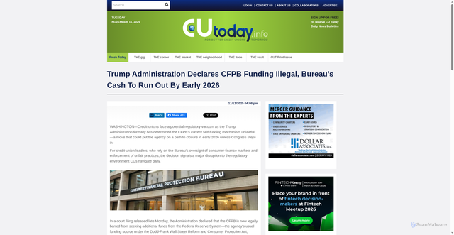 Security scan screenshot of https://www.cutoday.info/Fresh-Today/Trump-Administration-Declares-CFPB-Funding-Illegal-Bureau-s-Cash-To-Run-Out-By-Early-2026