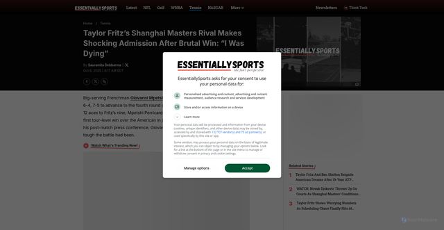 Security scan screenshot of https://www.essentiallysports.com/atp-tennis-news-taylor-fritz-s-shanghai-masters-rival-makes-shocking-admission-after-brutal-win-i-was-dying/