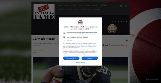 Security scan screenshot of https://www.notinhalloffame.com/football/top-50-football-players-by-franchise/top-50-new-orleans-saints/12467-22-mark-ingram