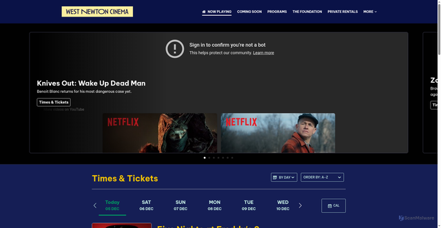 Security scan screenshot of https://www.westnewtoncinema.com/