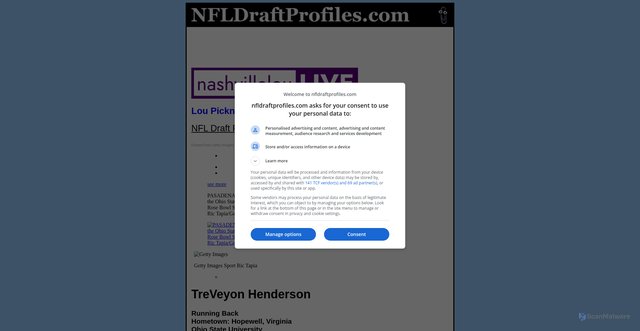 Security scan screenshot of https://www.nfldraftprofiles.com/2025/thenderson.shtml