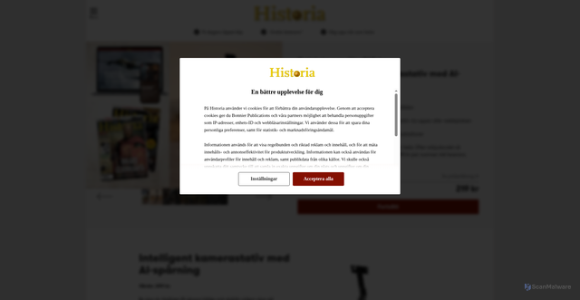 Security scan screenshot of https://prenumeration.varldenshistoria.se/campaign/3-tidningar-for-219-kr-gava-intelligent-kamerastativ-med-ai-sparning-389351-cir-his/?utm_source=welcome&utm_medium=email&utm_content=966571_676&media=trigger