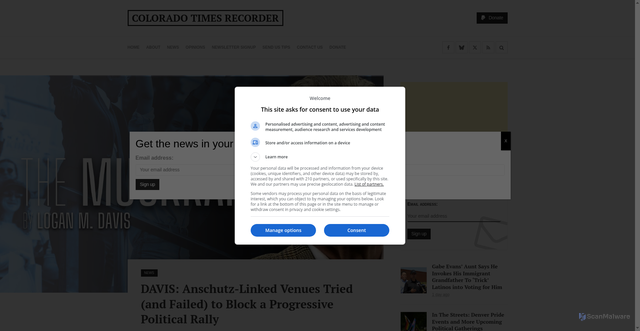 Security scan screenshot of https://coloradotimesrecorder.com/2026/06/davis-anschutz-linked-venues-tried-and-failed-to-block-a-progressive-political-rally/79727/