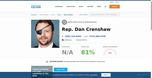 Security scan screenshot of https://heritageaction.com/scorecard/members/c001120