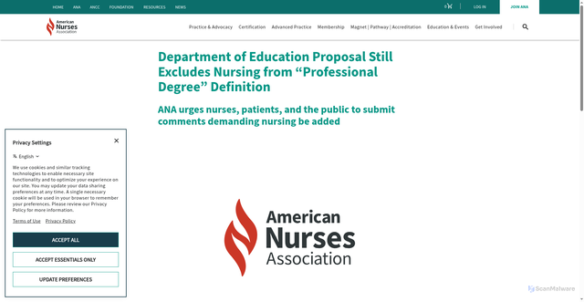 Security scan screenshot of https://www.nursingworld.org/news/news-releases/2026-news-releases/department-of-education-proposal-still-excludes-nursing-from-professional-degree-definition/
