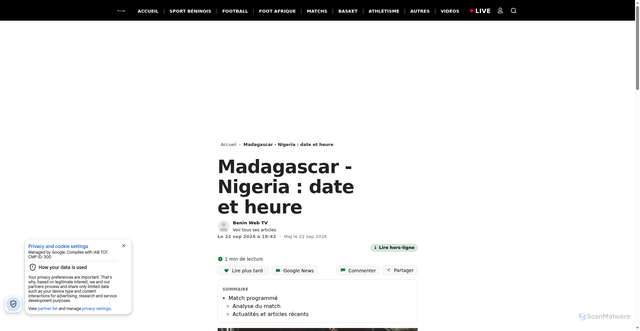Security scan screenshot of https://sport.beninwebtv.com/match/madagascar-nigeria-2027-03-24/?match_section=classement