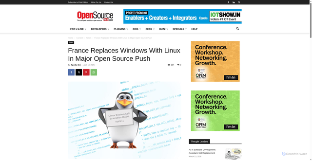 Security scan screenshot of https://www.opensourceforu.com/2026/04/france-replaces-windows-with-linux-in-major-open-source-push/