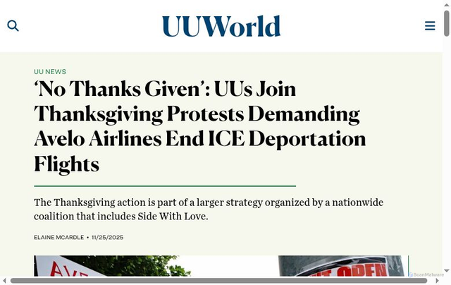 Security scan screenshot of https://www.uuworld.org/articles/avelo-airlines-protest-dhs-unitarian-universalists