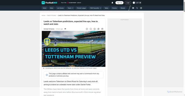 Security scan screenshot of https://www.football365.com/match-preview/leeds-tottenham-betting-predictions-expected-line-ups-how-to-watch-stats