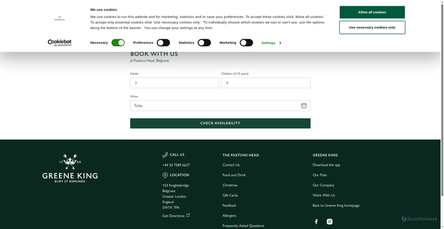 Security scan screenshot of https://www.greeneking.co.uk/pubs/greater-london/paxtons-head/book?td_id=22f8501baf30b3bf9d0a3470fb6c334286c43d0f92e3eb2d8a902009f6742c23&utm_source=braze&utm_medium=email&utm_campaign=ht_2621_bau-email_core_bigsporttakeover-solus-email_sla&utm_keyword=email&utm_content=footer_book