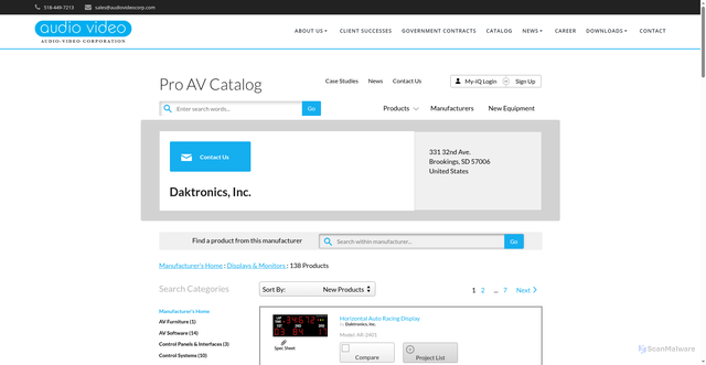 Security scan screenshot of http://catalog.audiovideocorp.com/avcat/ctl1302/index.cfm?manufacturer=daktronics&category=displays-monitors