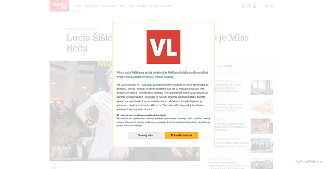Security scan screenshot of https://www.vecernji.ba/vijesti/lucia-sisic-podrijetlom-iz-bih-nova-je-miss-beca-1739221