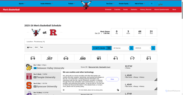 Security scan screenshot of https://dsuhornets.com/sports/mens-basketball/schedule/2025-26