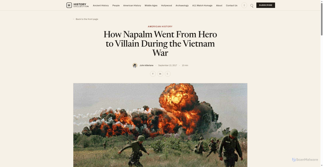 Security scan screenshot of https://historycollection.com/napalm-hero-villain-vietnam-war/