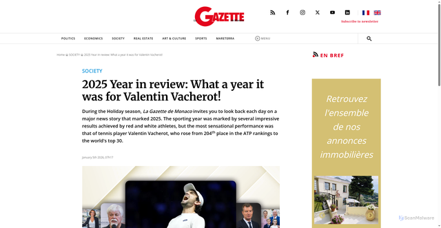 Security scan screenshot of https://lagazettedemonaco.com/en/news/societe/2025-year-in-review-what-a-year-it-was-for-valentin-vacherot