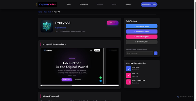Security scan screenshot of https://kaywat-codes.pages.dev/views/proxy4all.html