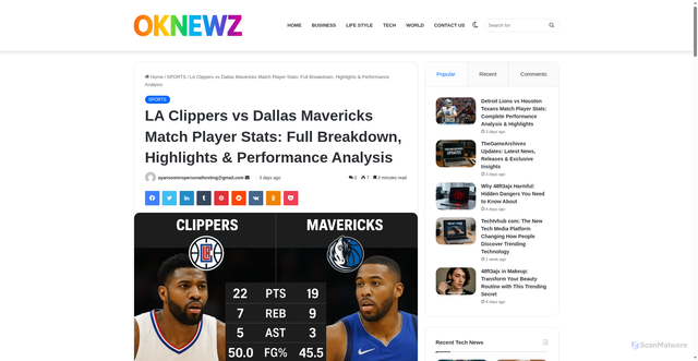 Security scan screenshot of https://oknewz.co.uk/la-clippers-vs-dallas-mavericks-match-player-stats/
