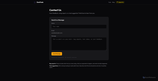 Security scan screenshot of https://dusktools.app/contact