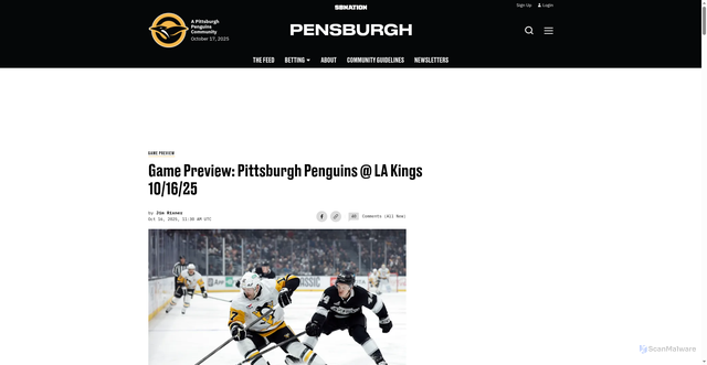 Security scan screenshot of https://www.pensburgh.com/penguins-lines-game-time-watch/67996/game-preview-pittsburgh-penguins-la-kings-10-16-25