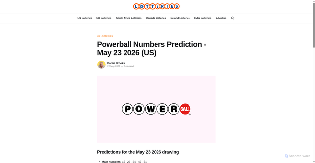 Security scan screenshot of https://lotteries.ghost.io/powerball-may-23-2026-us/